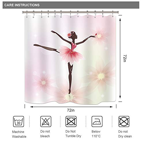 Riyidecor Girls Ballet Shower Curtain Ballerina Dancer Pink African American Floral Skirt Gymnastic Art Nursery Bathroom Decor Fabric Set Polyester Waterproof 72x72 Inch 12 Plastic Hooks