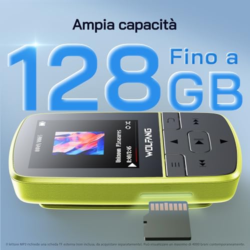 WOLFANG Bluetooth 5.2 MP3 Player, Sports Clip, Mini Size, 1 oz, FM HiF Radio, Voice Recorder, Earphones Included, Fluorescent Green