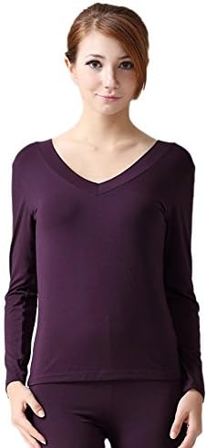 Confreebroon Womens Long Sheeve Tight V Round Neck T-shirts (Dark Purple, M)