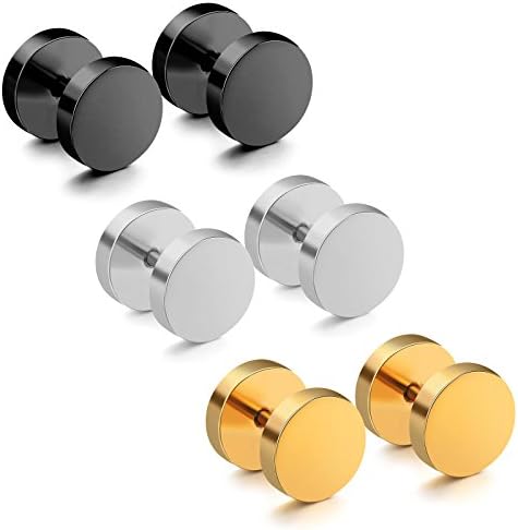 Modebox Unisex Stainless Steel Stud Earrings Cool Tunnel Ear Piercing Plug for Women Men (3 Pairs)