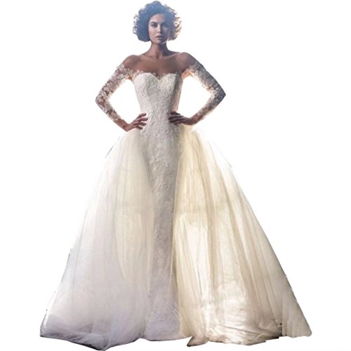 Chady Gorgeous Lace Mermaid Wedding Dress with Detachable Train Long Sleeve Lace Bridal Gowns