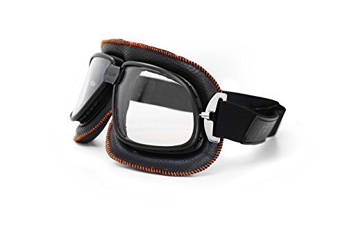 Vintage Motorcycle Goggles in Black Leather and Orange Stitching with Anticrash Lenses By Bertoni Italy - AF196B - Motorbike Aviator Goggles