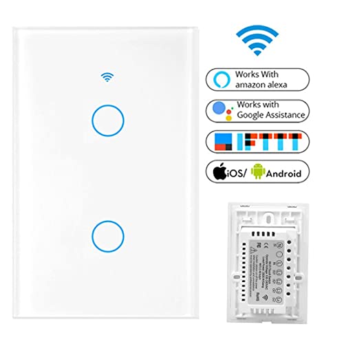 DQST Interruptor Apagador Inteligente WiFi, SE REQUIERE CABLE NEUTRO, Smart Switch con Tecla Táctil Sensibilidad, Control Remoto 2.4G WiFi, Compatible con Alexa/Google Home/IFTTT (2 Gang)