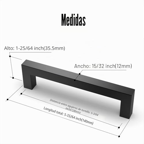 Amerdeco 15 Pieces Kitchen Handles 128 mm Black for Cabinets and Drawers – Stainless Steel Handles for Furniture and Sliding Doors