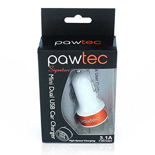 Pawtec Signature Mini Dual USB Car Charger 5V 3.1A/15W High-Speed with Storage Sleeve - Compatible with iPhone XS, XS Max, X, 8, 7, 6s, 6, iPad, Samsung Galaxy / Note9 (White)