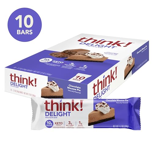 THINK! DELIGHT, KETO PROTEIN BARS, HEALTHY LOW CARB, GLUTEN FREE SNACK – CHOCOLATE MOUSSE PIE, 10 COUNT