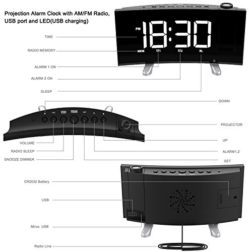 CSHID-US Projection Alarm Clock, 7'' Dimmable LED Curved Screen Digital Clock, FM Radio Alarm Clock, Adjustable Ceiling Sleep Timer for Kids Bedroom, Dual Alarms, 12/24 Hour, Snooze Function