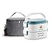 Lille Home 48oz Stackable Stainless Steel Compartment Lunch Box | 2-Tier Bento Box/Food Container with Insulated Lunch Bag | With Individual Lid for Each Layer (Blue)