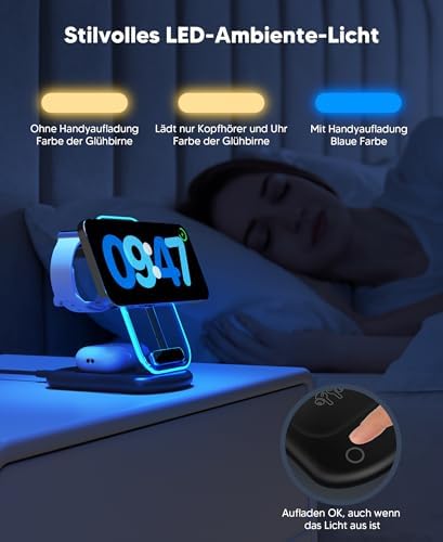 Induktive Ladestation, 3 in 1 Mag Safe Ladestation Kompatibel mit iPhone 17 16 15 14 13 12 Pro Max/Air/Plus/Pro, für Apple Watch10/9,Airpods 3/2/Pro, Faltbar,Carbon Schwarz