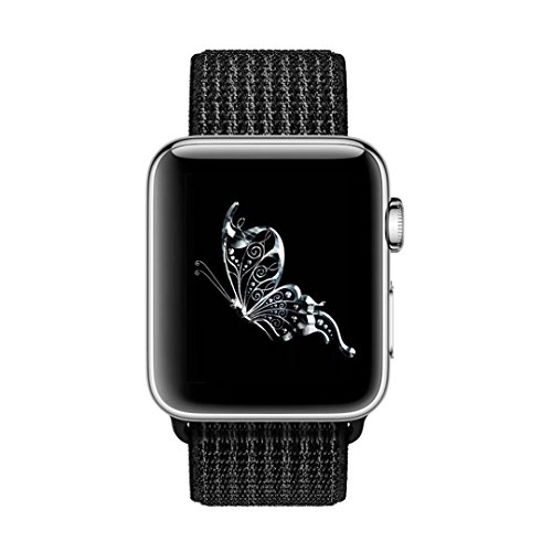 QIENGO Qifit New Nylon Sport Loop with Hook and Loop Fastener Adjustable Closure Wrist Strap Replacment Band for iwatch Apple Watch Series 1/2/3,42mm,N+ Black - Thumbnail 2