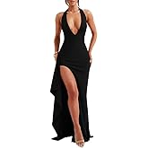 LAGSHIAN Women's Sexy Deep V Neck Halter High Split Backless Cocktail Party Formal Maxi Dress