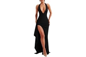 LAGSHIAN Women's Sexy Deep V Neck Halter High Split Backless Cocktail Party Formal Maxi Dress