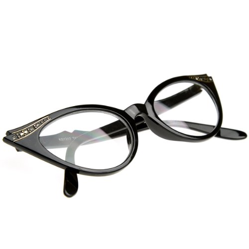 zeroUV - Vintage Cateyes 80s Inspired Fashion Clear Lens Cat Eye Glasses with Rhinestones (Black)