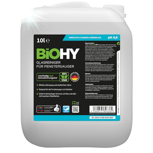 BiOHY Glasreiniger für Fenstersauger 10 L Kanister | Fensterreiniger Konzentrat | streifenfrei & schlierenfrei | vegan & biologisch abbaubar