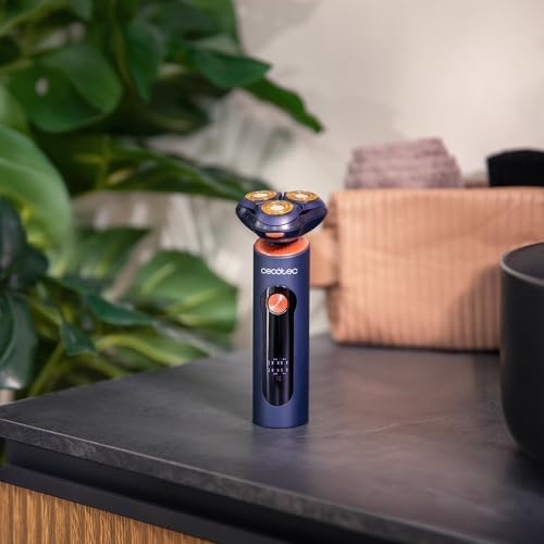 Rasoio Rotativo PrecisionCare Aluminium Pro. Autonomia 80min, Display LCD, Lame Titanio, 8000rpm, Resistente all'Acqua IPX6, Tecnologia Doppia Lama, Base Ricarica