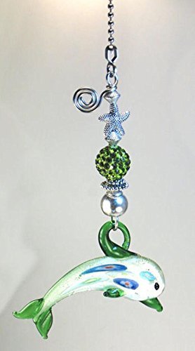 Cool Green Dolphin and Rhinestone with Colorful Faceted Glass Ceiling Fan Pull Chain