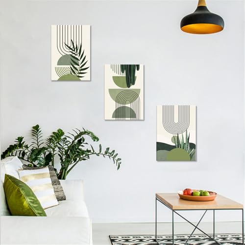 3 Pieces Modern Paintings Sage Green Boho Print on Canvas with Frame Abstract Aesthetic Green Plant Canvas Painting Wall Poster Wall Decor Living Room Bedroom 30 x 40 x 3