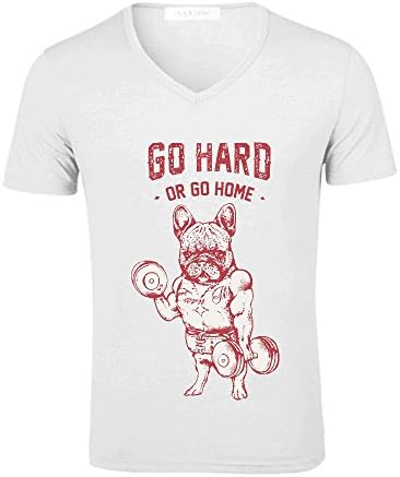 GO HARD OR GO HOME FRENCHIE Mens V Neck Graphic T Shirts White
