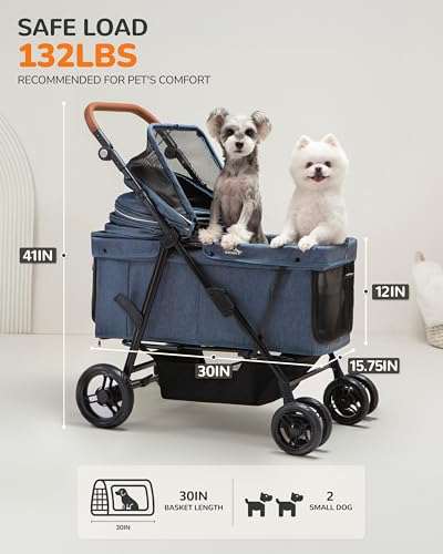 OJCME Dog Stroller for Large & Medium Dogs (20–132 lbs), Pet Stroller for 2 Small Dogs, Extra Large Heavy Duty, Foldable & Ventilated, Pink or Navy