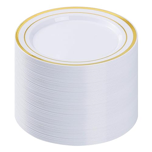 BESTVIP 100PCS Gold Plastic Plates, 10.25 Inch Disposable Dinner Plate Party with Gold Rim for Christmas, Thanksgiving, Heavy Duty Disposable Plastic Plates for Party, Wedding and Birthday, Events