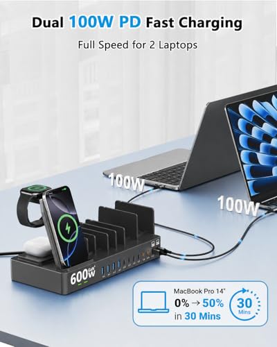 600W Charging Station for Multiple Devices, 15-in-1 GaN USB-C Charger with 3-in-1 Wireless Charger for Apple, Dual 100W PD Laptop Charging Dock, 8 USB-C & 4 USB-A for MacBook, iPad, Laptop, Black