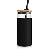 Tronco 20 oz Glass Tumbler with Lid and Straw, Iced Coffee Cup and Smoothie Cup with Bamboo Lids & Protective Silicone Sleeve, Dishwasher Safe, BPA-Free, Glass Cup 1 Pack