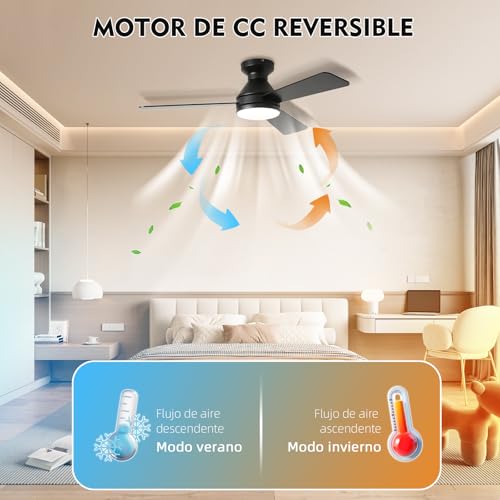 HONGHCL Ventilador de Techo con Luz 42in - Abanico de Techo Silencios con Luces Regulable, Velocidad Ajustable, Remoto (Negro)