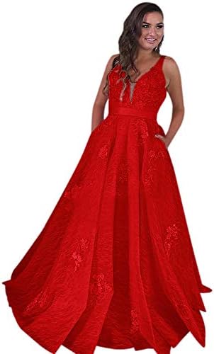 Harsuccting Women's Simple V Neck Sheer Lace Appliques Prom Dress with Pockets