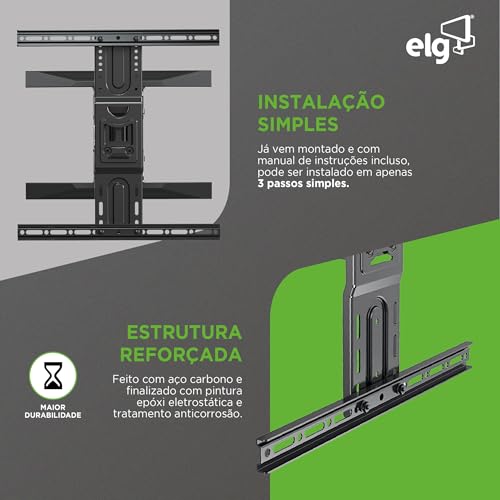 ELG, A02V6N, Suporte de TV Articulado de Parede Para TVs Planas e Curvas de 75" a 86", Inclinação Horizontal e Vertical, Peso Máximo de 46 Kg, Preto