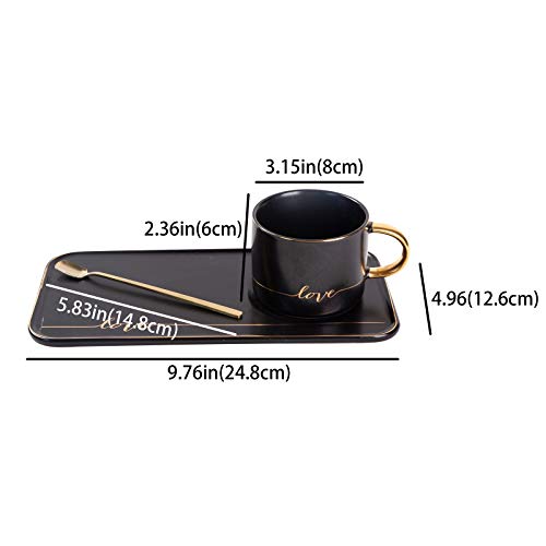 TJ Gobal Porcelain Coffee Mug, Tea Cup with Saucer and Golden Spoon with Gold Scripted Love and Trim for Espresso, Hot Chocolate, Cappuccino, and Latte, 8 Oz. (Black) - Thumbnail 3