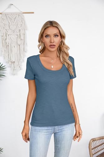 VICHYIE WOMENS SUMMER SHORT SLEEVE TOPS SQUARE NECK LOOSE TUNICS HENLEY CASUAL SHIRT SEXY BASIC BLOUSE TOP TSHIRT BLUE L