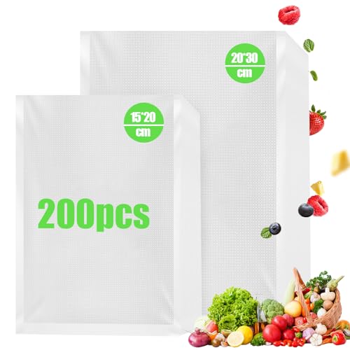 Rantuia 200PCS Bolsas para Sellar al Vacío 15 x 20/20 x 30cm, Bolsas de Vacio para Alimentos, Bolsas Envasar al Vacio, Se Utiliza para Conservar Verduras, Frutas y Carnes.