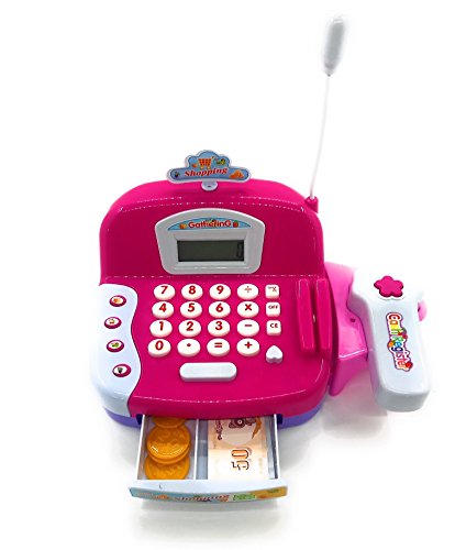 Toy Cash Register Cashier Playset Battery Operated, Kids Pretend Play Set ,Colorful Childrens Cash Register w/ Microphone, Scanner, Calculator, Play Money & Groceries /Kids Supermarket Cashier (Pink) - Thumbnail 2