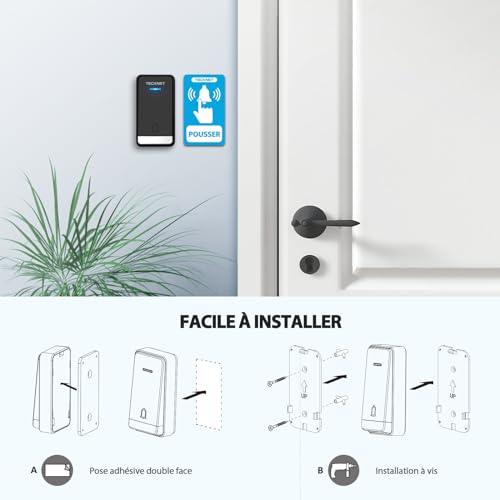 TECKNET 400M Wireless Doorbell Waterproof IP65 Kit of 1 Chime and 2 Plug-in Receiver with Charging Function and LED Light, 60 Melodies 5 Level Volumes, for Home, Office - Black