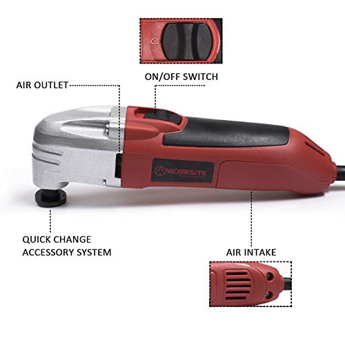 WORKSITE DMT123 Multi- Purpose Oscillating Tool Kit with Carbide Grout Blade, Half Moon Saw Blade, Triangular Carbide Grit Rasp Blade, Rigid Scraper Blade, Triangular Sanding Pad and Carry Bag
