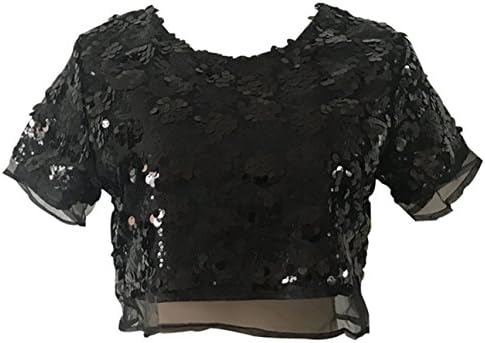 Women Sequin Sparkle Glitter Tank Party Crop Top Organza T-Shirt Blouses (S ,Black)