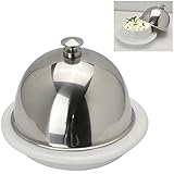 Sleek White Ceramic Butter Dish/Small Hors d'oeuvre Serving Tray w/Stainless Steel Lid Cover