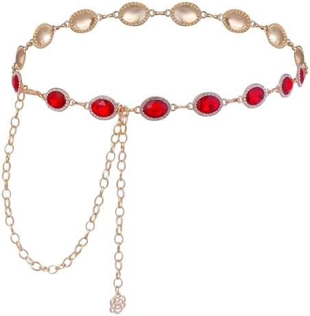 Retro Ruby Red Crystal Gold Tone Link Belt Y2K Boho Glam Round Jewel Waist Belt Women Anime Cosplay Chain Belt Red Stone Gold Waist Belt for  main image 2