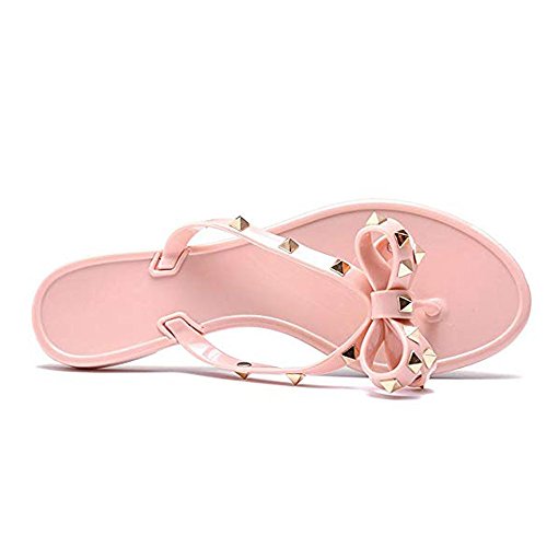 Utop Women’s Rivets Bowtie Flip Flops Jelly Thong Sandal Rubber Flat Slipper Summer Beach Rain Shoes Womens Gold Rivet Studded Bow Jelly Thong Flip Flop Sandals (US8.5=EU40=25CM, Beige)