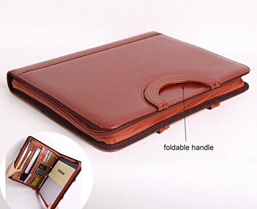 Luckymoo Large Leather Zipper Business Office File Padfolio A4 Folder with Handle Spring Binder Calculator (Brown)