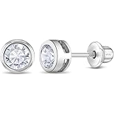 925 Sterling Silver Children's Clear 5mm Round Cubic Zirconia Screw Back Bezel Earrings. Excellent Earrings for Baby Girls, Toddlers and Little Girls