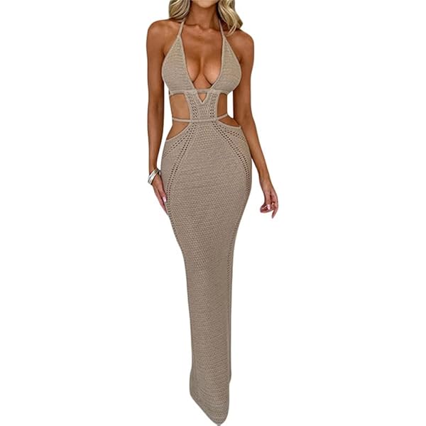 Amazon.com: Women's Crochet Knitted Halter Maxi Dress Sexy Hollow Out  V-Neck Lace Up Backless Bodycon Beach Holiday Long Dress Khaki : Clothing,  Shoes & Jewelry