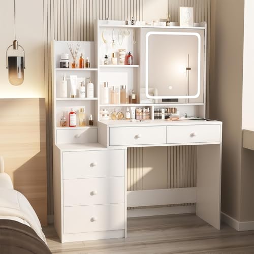 Tocador- Vanity con Espejo Luz LED Mueble para Maquillaje, Tocador de Maquillaje con Estación de Carga Escritorio, Estantes Ocultos, con 6 Cajones y Estantes de Almacenaje para Recamara (Blanco)