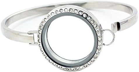 Stainless Steel Floating Locket Bangle Bracelet - 30mm Glass locket Bangle Living Floating Charm Locket Bracelet for 8'' wrist by BG247 (Silver Rhinestone Circle - Size 8)