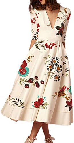 Cool1980s Women’s Flower Print Elegant Cocktail Maxi Dress Deep V Neck 3/4 Sleeve Vintage Pleated Dress Elegant Club Dress