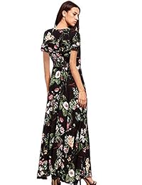 Enjoyoself Mujeres Vestidos largos Cuello en V manga corta Estampado floral Frente a la raja Fiesta en la playa