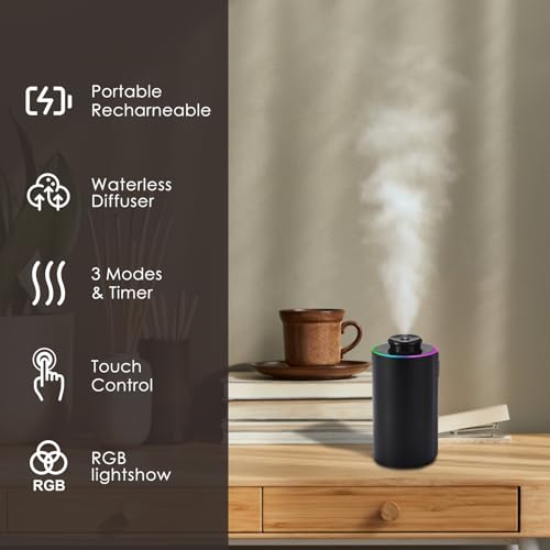 Waterless Essential Oil Diffuser, 7 Colors LED Light, Battery Powered Mini Scent Air Machine, Aromatherapy Mist Diffuser for Home Room Car Office，Black Aluminum Alloy (Black)