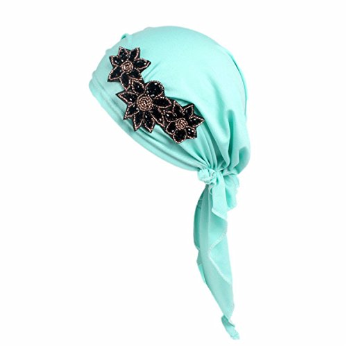 Qhome Womens Fashion Beaded Flower Stretchy Pre-Tied Bandana Head Scarf Head Wrap Scarves Chemo Cap Turban Turban Ladies Turbante