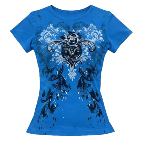 Women Short Sleeve Emo Shirts Summer Gothic Y2k Grunge Graphic Tees Vintage Slim Fit 2000s Clothes Streetwear (Blue, L) at Amazon