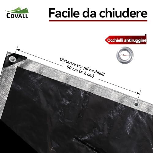 COVALL Waterproof Outdoor Tarpaulin, 4 x 6 m, 155 g/m², Reinforced HDPE with Anti-UV Eyelet, Windproof Rain Cover for Swimming Pool, Car, Garden, Camping, Silver, Black